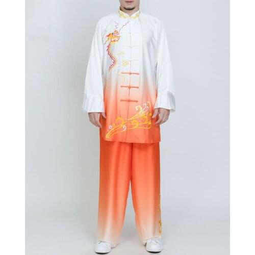 High quality Men embroidery dragon Tai chi performance uniforms customized gradient wushu martial arts clothing taiji suits