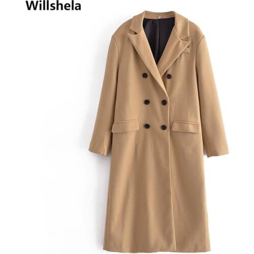 Willshela Women Fashion Oversized Blending Long Coat Pockets Lapel Collar Double Breasted Long Sleeves Vintage Woman Outwear