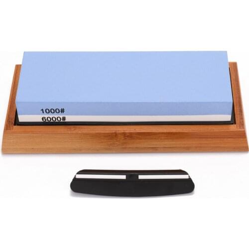 1000 6000 grit Japanese Double-sided sharpening stone For Knives With Non-Slip rubber and wood base & Angle Guide
