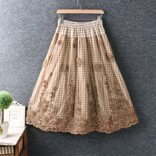 2021 New Spring Women Cotton linen Skirt Japan Style Mori Girl Fresh Elastic Waist Organza Embroidery Long Skirt Women