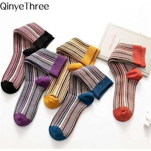Womens vertical stripes combed cotton warm winter socks retro pinstripes piled England style vintage preppy style socks
