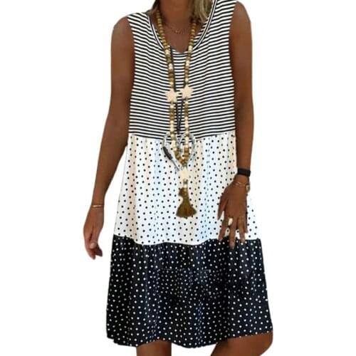 Women Summer Sleeveless Loose Midi Long Tank Dress Stripes Polka Dot Triple Color Block Patchwork Beach Sundress S-5XL