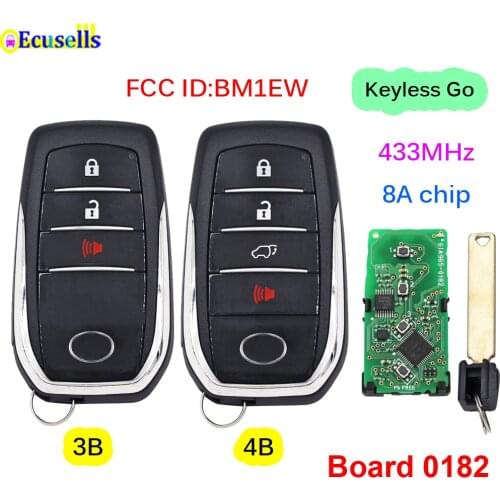 3/4 Buttons Smart Keyless Go Remote Car Key Fob 433MHz 8A Chip for Toyota HILUX Fortuner FCC ID:BM1EW Board 0182 TOY12 Uncut