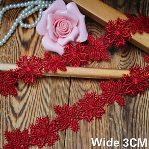 3CM Wide New Red Cotton Embroidered 3d Flowers Lace Collar Cuffs Trim Fringe Ribbon DIY Apparel Skirts Sewing Guipure Decoration