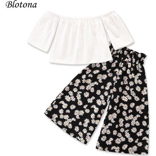 Blotona Kids Girls Off-shoulder Long Sleeve Tops+ Wide Leg Pants, Small Daisy Print Casual Style Summer Clothing Set，1-6 Years