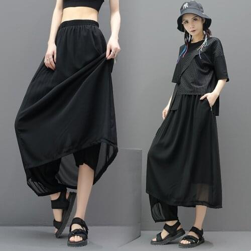 European and American irregular chiffon stitching fake two large-size pants skirt fashion brand asymmetrical womens pants