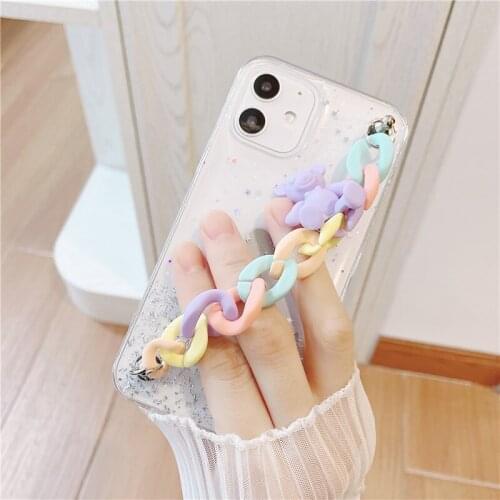 Korean style Rainbow Love Heart Chain Case for iphone 12 11 Pro Max XR 12ProMax X XS 7 8 plus transparent Hanging Strap Cover
