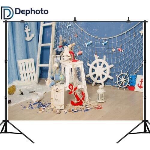 DePhoto Net Anchor Shells Wooden Boards Scene Baby Party Photography Backgrounds Custom Photographic Backdrops For Photo Studio