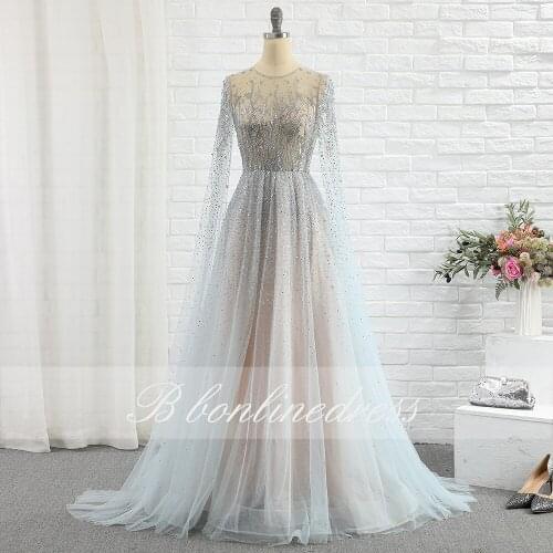Elegant Silver Evening Dress 2020 Tulle A Line O Neck Crystal BeadedTransparent Long Prom Dress Formal Party Gown Bbonlinedress