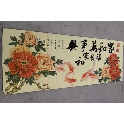 160x60cm/ Chinese silk embroidery painting - Beautiful Peony Flowers and Auspicous Words Bless Families