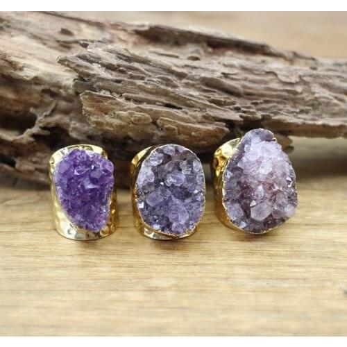 Irregular Amethysts Geode Golden Rings Purple Quartz Ore Druzy Drusy Adjustable Ring Fashion Men/Women Jewelry Dropship,QC4091
