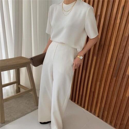 GUUZYUVIZ Women Elegant Solid Pant Sets For Women O-neck Short Sleeve T-shirt Top And High Waist Trousers Two Piece Sets Ladies