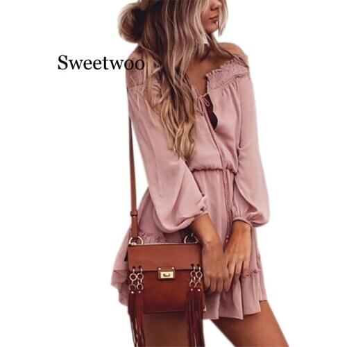 Summer Boho Chiffon Dress Slash Neck Lantern Long Sleeve Beach Dress Women Ruffle Sexy Party Vintage Dresses