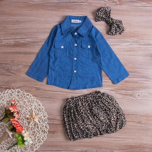 Fashion Baby Girls Outfit Long Sleeve Denim Shirt Leopard Dress Headband Summer Cute Kids Clothes 3PCS Baby Clothing Set
