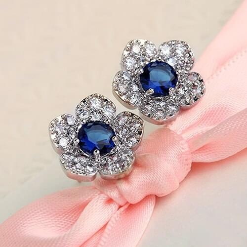 Korean New Arrival Blue Crystal Holiday Flower Stud Earrings For Women Fashion Elegant Oorbellen Bijoux Party Gifts