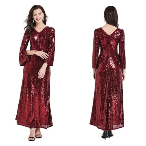 Sequin dress European and American V-neck Sequin long sleeve elegant long fall dress dress looks thin