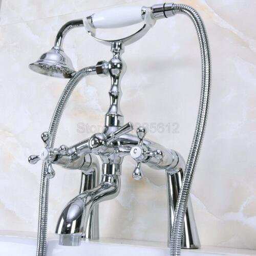 Polished Chrome Bathroom Shower Faucet Deck Mounted Bathtub Faucets Dual Handle Mixer Tap with Hand Spray tna123