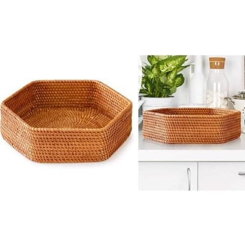 Hexagonal Decorative Rattan Wicker Woven Tray Basket, for Coffee Table and Ottoman Decor, or Living and Bathroom