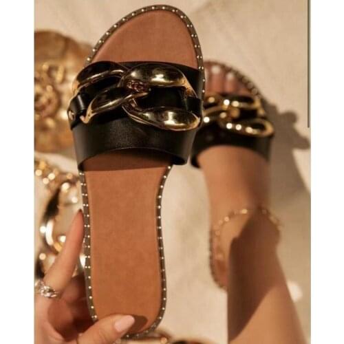 Womens Flip Flops Big Double Ring Chain Buckle 2021 Summer Fashion Flat Shoes Woman Outside Wear Ladies Slippers Black Slides