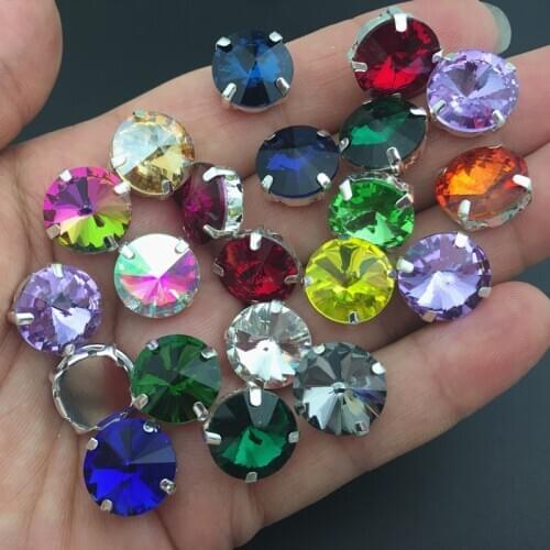 Mixed Colors 6,8,10,12,14,16,18mm Rivoli Crystal In claw setting Sew On Round Glass Fancy Stone With Metal Claw Setting