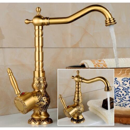 Basin Faucet Antique Bronze Carved Brass Faucet Hot and Cold Sink Faucet Mixer Kitchen Tap Bathroom Faucet Lavatory Mixer