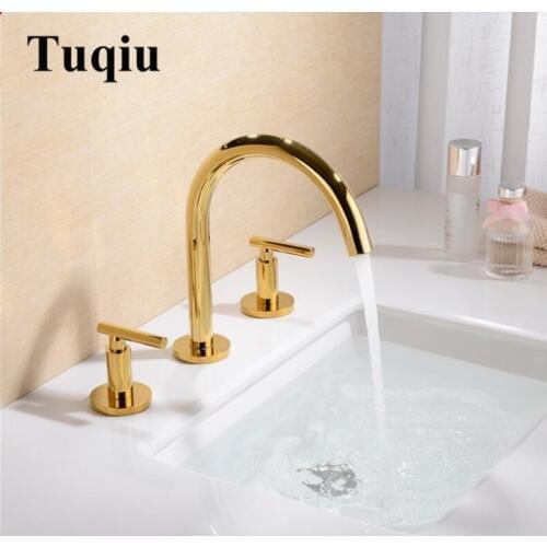 Basin Faucets Polished gold North American style Bathroom Sink Faucet widespread 3 Hole Bathroom basin Mixer
