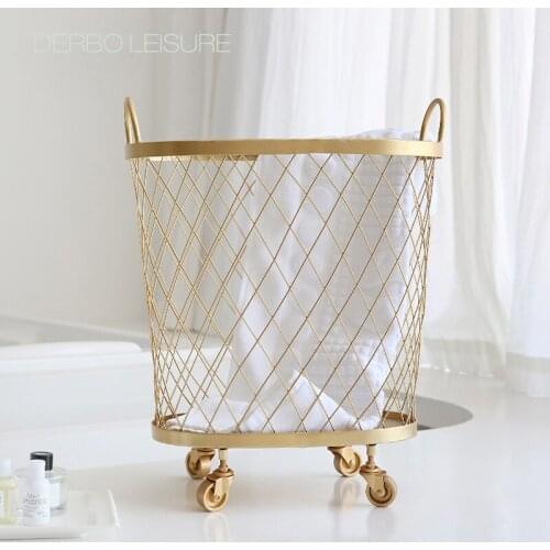Modern Design Popular fashion Loft Metal gold color Dirty clothes storage handle wheel laundry Basket home Creative organizer