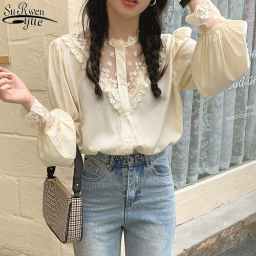 Spring Blouse Women Vintage Lantern Sleeve Hollow Sweet Loose Top New Lace Stitching Flower Ladies Chiffon Shirt Blusas 12958
