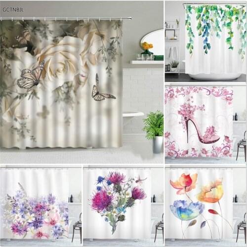 Roses Butterfly Flower White Shower Curtains Printed Floral Leaf Waterproof Polyester Bathroom Curtain Fabric for Bathtub Decor