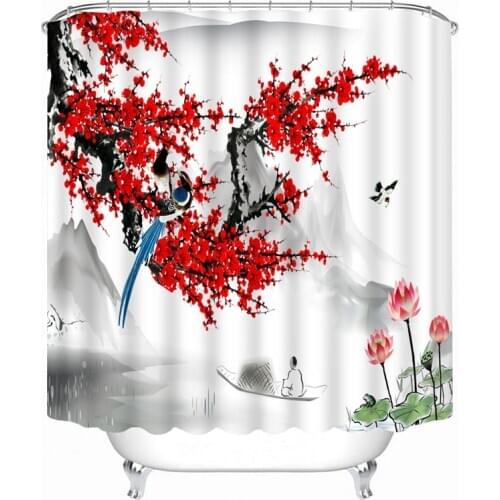 Chinese style 3D Shower Curtains Red Peach Blossom Pattern Bathroom Curtains Waterproof Washable Bath Curtain Bathroom Products