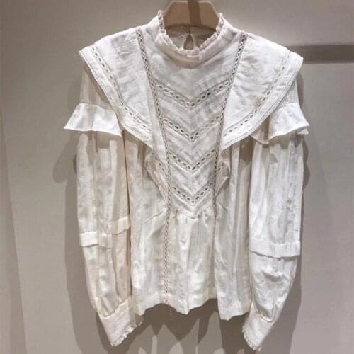 Women Autumn Winter Solid Color Hollow Out Designed Shirt Female High Street Brand White Blouse Ladies High Version Tops ML227