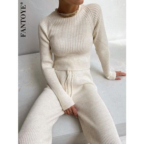 FANTOYE O Neck Ribbed Knitted Two Pieces Women Sets Autumn Casual Long Sleeve Tshirt And Wide Leg Pant Suit Solid Fitness Outfit