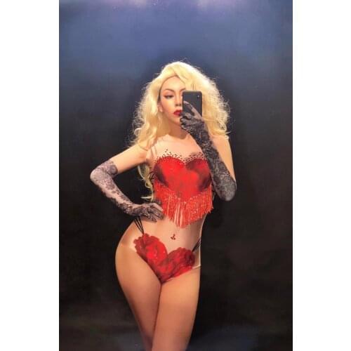 Women Sexy Stage Red Tassel Crystlas Bodysuit Sleeveless 3D Printing Flowers Nightclub Party Dancer Singer Stage Wear Costumes