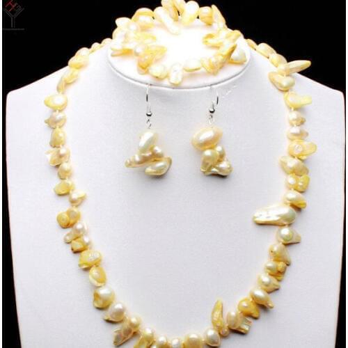 Women Jewelry Set 8-15mm bright yellow Baroque Pearl necklace bracelet dangle hook earring Natural Freshwater pearl