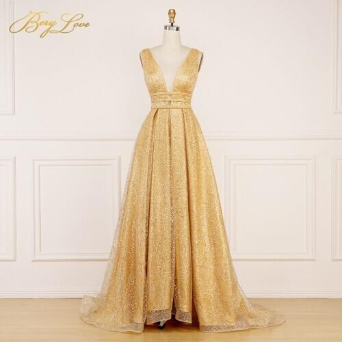 BeryLove Sparkle Sequin Bright Gold Evening Dress 2020 Long Prom Shiny Sexy vestidos de fiesta V Neck Open Back robe de soiree