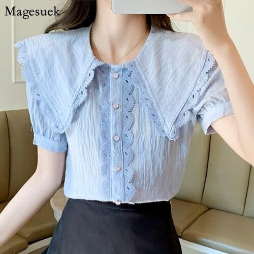 2021 Summer Loose Chiffon Shirts Korean Sweet Doll Collar Lace Blouse Women French Slim Short Sleeve Shirt Big Lapel Tops 15219