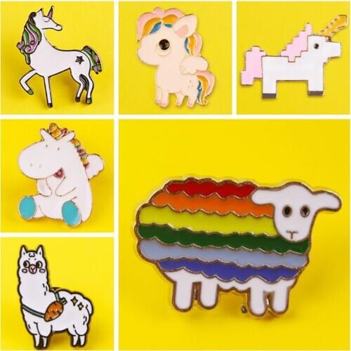Cartoon Enamel Pin Colorful Unicorn Pegasu Alpaca Brooch Cute Animal lapel Denim Jackets Badge Jewelry Gift For Kids Accessories