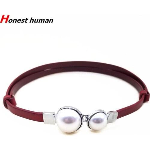 Brand Luxury Women Genuine Leather Belt Fashion Pearl Buckle Adjustable Thin Belts For Dress Decorative Female Waist Strap Black
