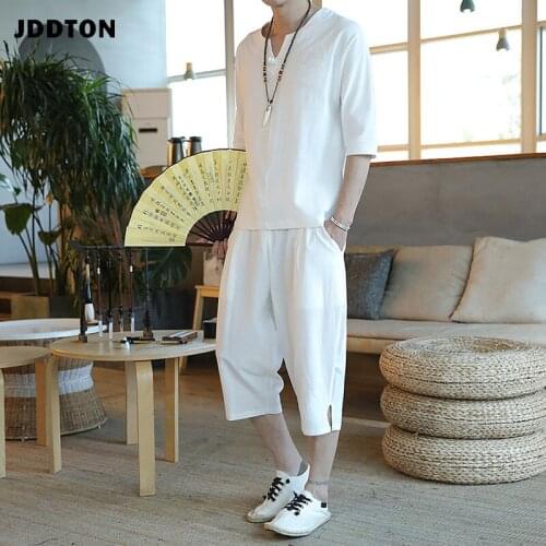 JDDTON New Summer Men Loose Cotton Linen Two-Piece Set Clothing Style Suits Outerwear Fashion Casual Loose Male Retro Suit JE684