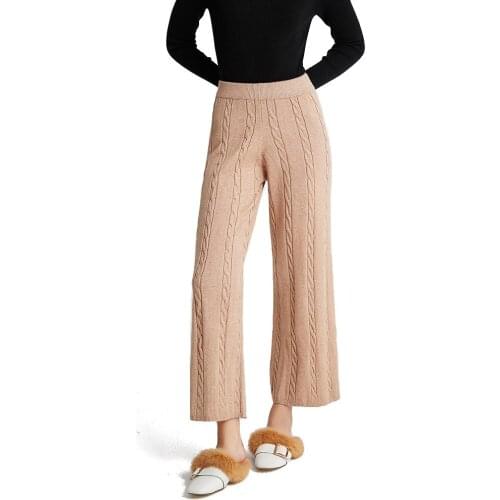 Quality Winter Thicken Women Wide Leg Pants Casual Elastic Waist Twisted Knitted Pants Femme Chic Warm Female Sweater Trousers