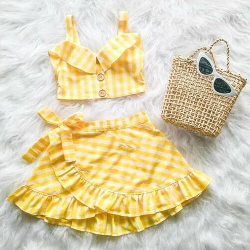 Baby Summer Clothing Toddler Kid Baby Girl Plaid Clothes Vest Crop Top Off Shoulder Shirt + Irregular Skirt 2Pcs Outfit Set