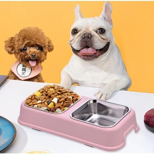 Dog Double Bowl Puppy Food Water Feeder Cute Stainless Steel Pets Drinking Dish Feeder Pets Supplies Feeding Dishes Dogs Bowl