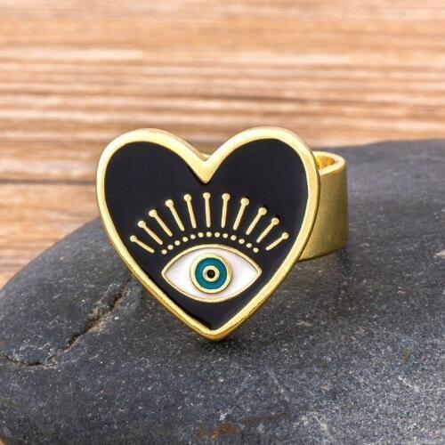 Fashionable Evil Eye Black Gold Adjustable Rings For Women Popular Evil Eye Cute Love Heart Rings Factory Wholesale Jewelry Gift