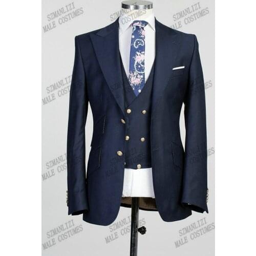 Fashion Navy Blue Business Men Suits 3 Pieces Peaked Lapel Tailored Made Formal Tuxedos Prom Wedding Blazers (Jacket+Vest+Pants)