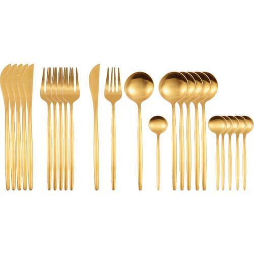 24Pcs Matte Gold Dinnerware Set 18/10 Stainless Steel Knife Fork Spoon Cutlery Set Kitchen Silverware Flatware Tableware Set