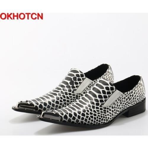 OKHOTCN New Rivet Metal Toe Handmade Men 100% Leather Shoes Fashion Mens Casual Loafers Smoking Slipper Mens Flats