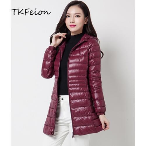 Womens Medium-long Coats Warm Duck Down Super Thin Light Style 2019 Spring Autumn Female Slim Hooded Jackets Plus Size S-7XL