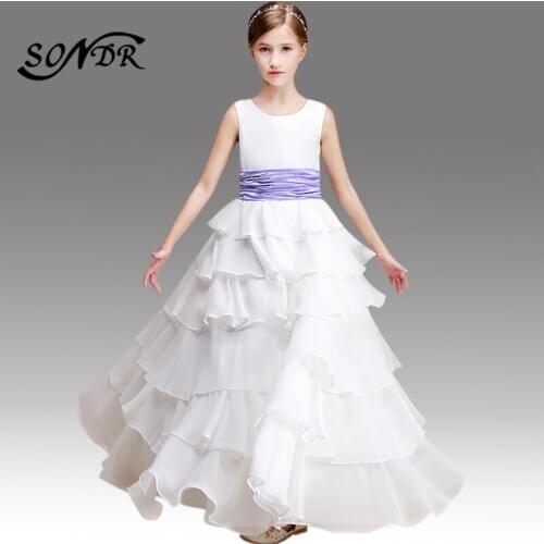 Flower Girl Dresses White HT115 O-neck Sleeveless Floral Little Girls Pageant Dress Girls Tiered Ball Gowns Costumes Elegant