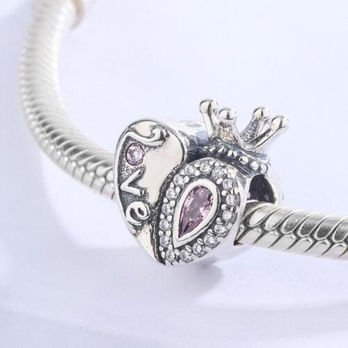 Romantic Custom Engagement Gift Crushed Diamond Pink Heart Crown Love You S925 Silver Charms Bangle Fit Women DIY Jewelry