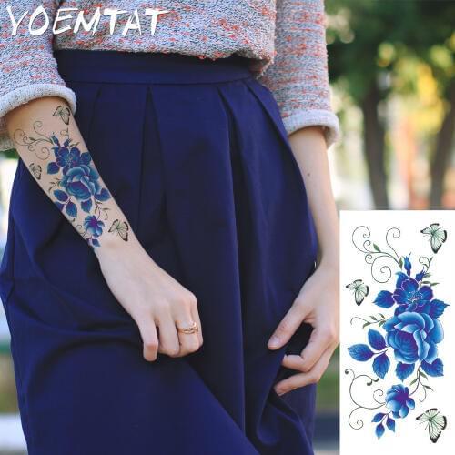 Blue peony butterfly flower arm shoulder tattoo stickers flash henna tattoo fake waterproof temporary tattoos sticker women